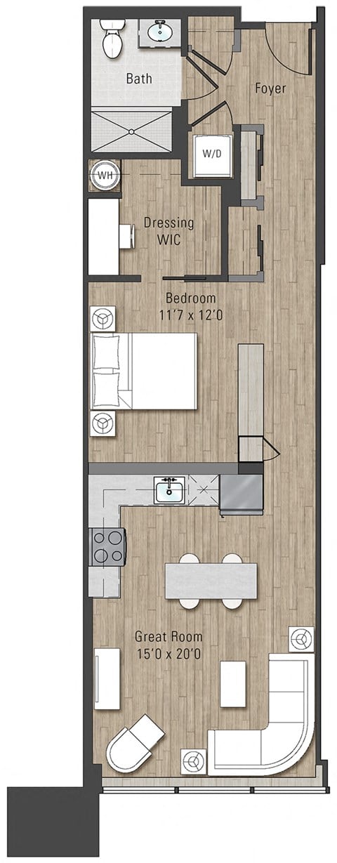 Floor plan for 1 bed, 1 bath, 790 sqft